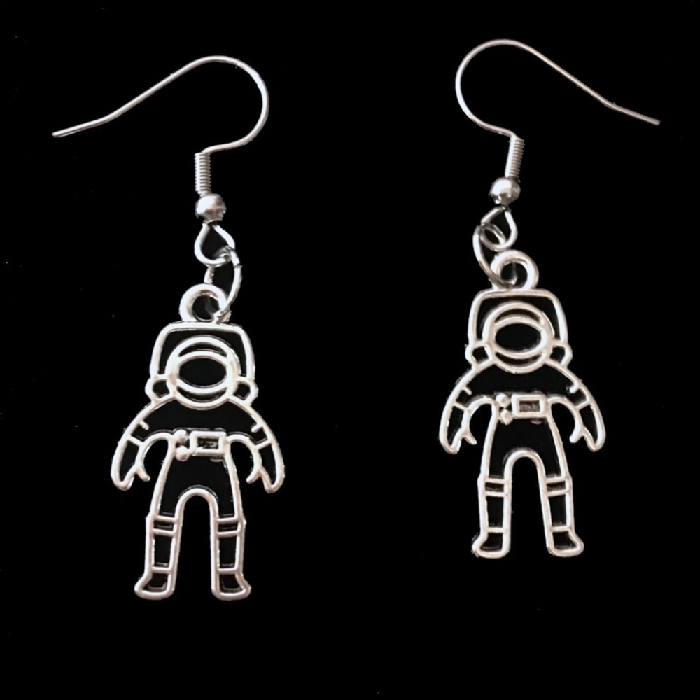 HAND Crafted Astronaut Dangle Earrings Silver Tone